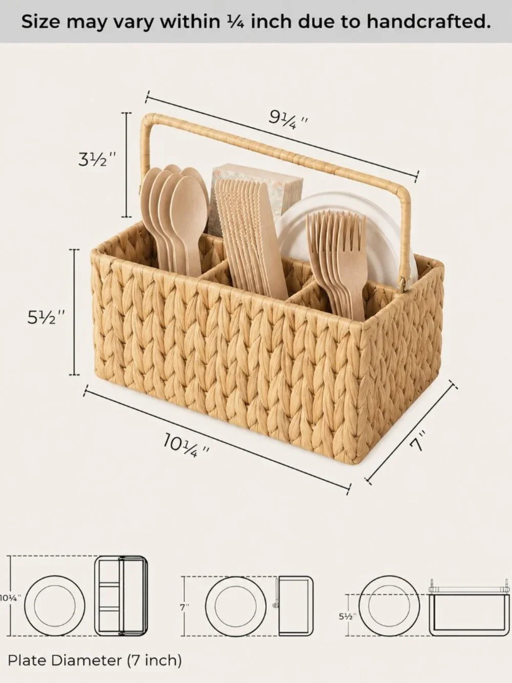 Hand-Woven Wicker Silverware Organizer Water Hyacinth Cutlery Holder Countertop
